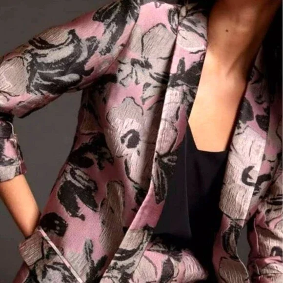 Anthropologie HUTCH Blazer Jacket Pink Floral 3/4 Sleeves Sz Small Shimmery Open - Picture 5 of 13